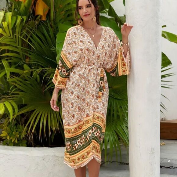 NEW! PLUS Size Boho Pattern Floral Long Belted Kimono Cover Up Beach Bohemian - Picture 6 of 7